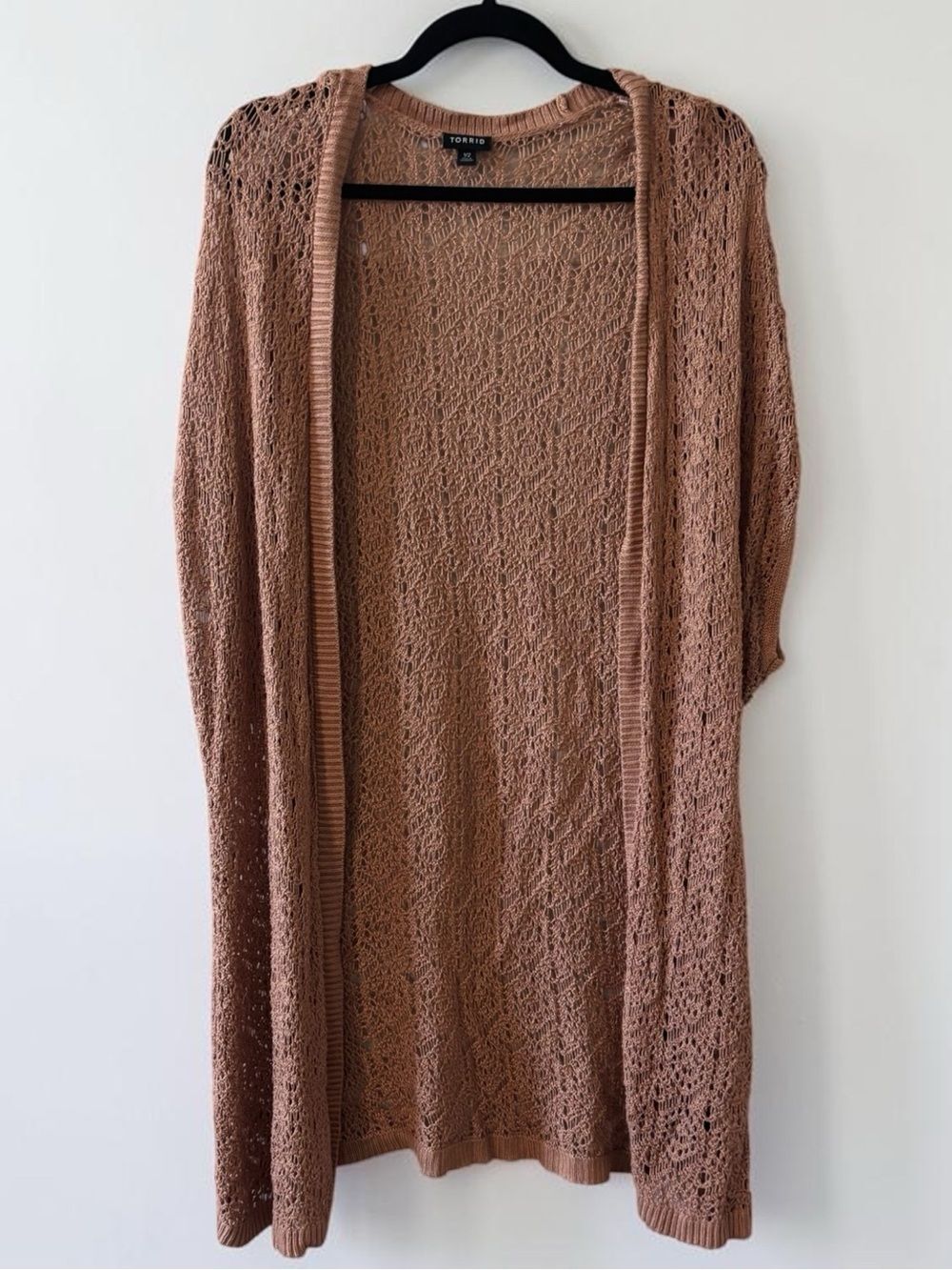 Torrid Open Front Crochet Knit Cardigan Womens Size 1/2 Tan Longline Duster